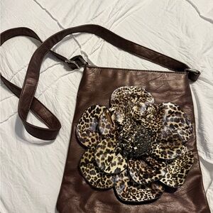 Brown Leather Floral Shoulder Bag